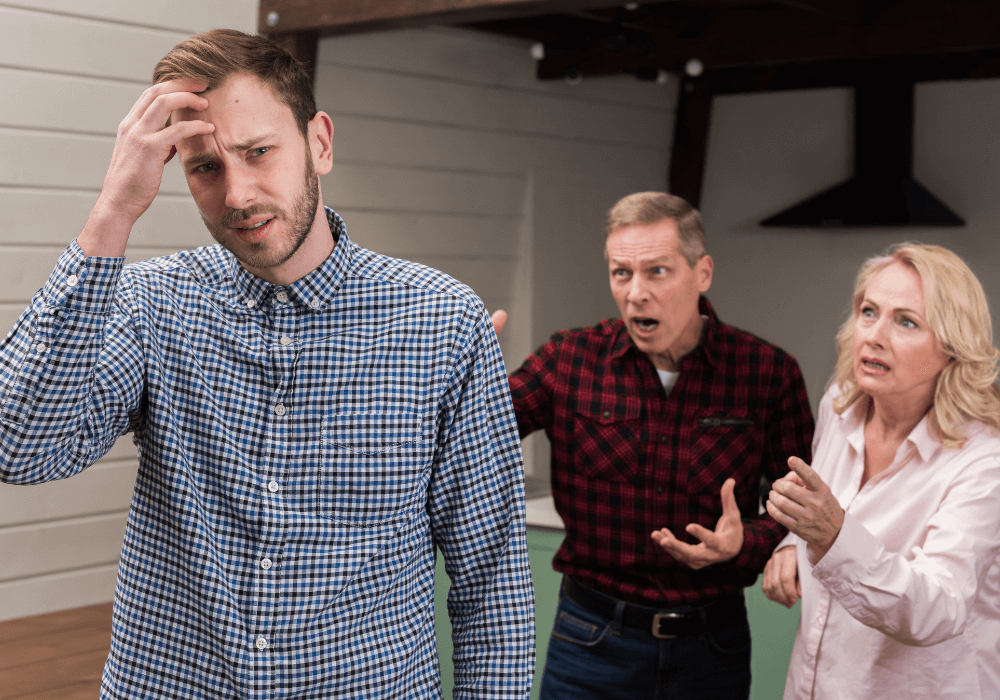 senior couple talking to mature son walking away from elderly parent
