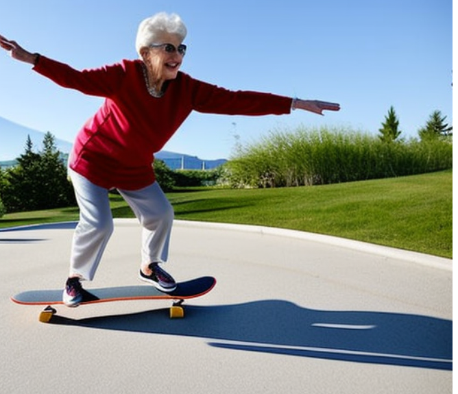 Outdoor path, elderly woman on skateboard, arms wide for balance, bright daylight, editorial travel photo, one person.