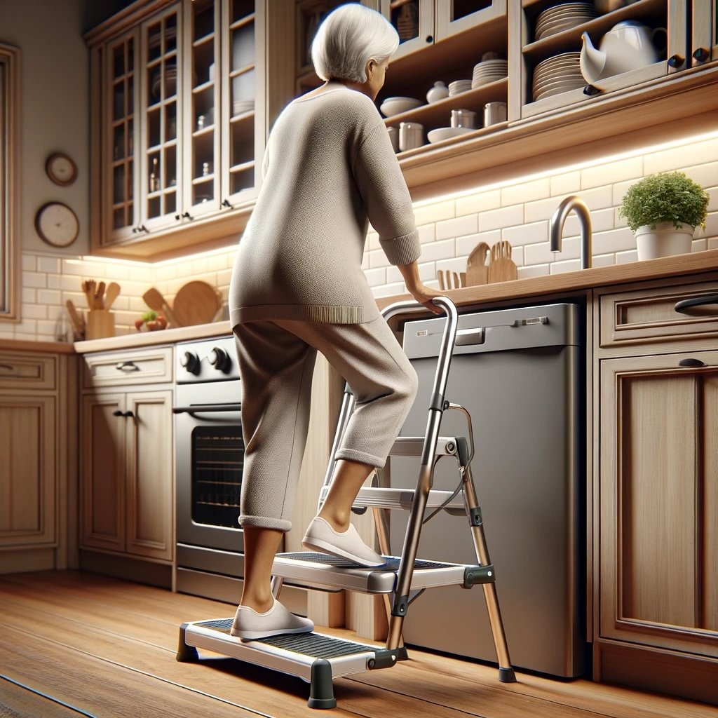 Cozy kitchen, elderly woman reaching overhead, central composition, warm morning light, documentary style, people present.