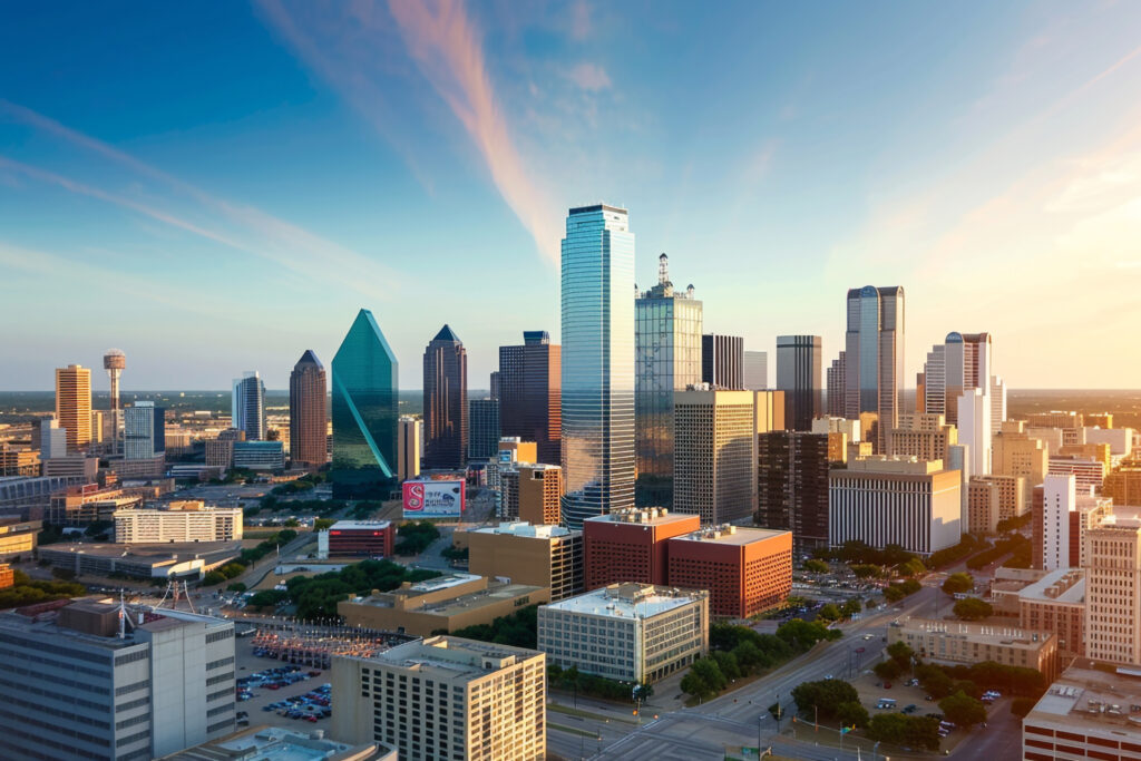 Dallas skyline, glass skyscrapers, aerial composition, strong sunlight and shadows, editorial travel photo, no people.