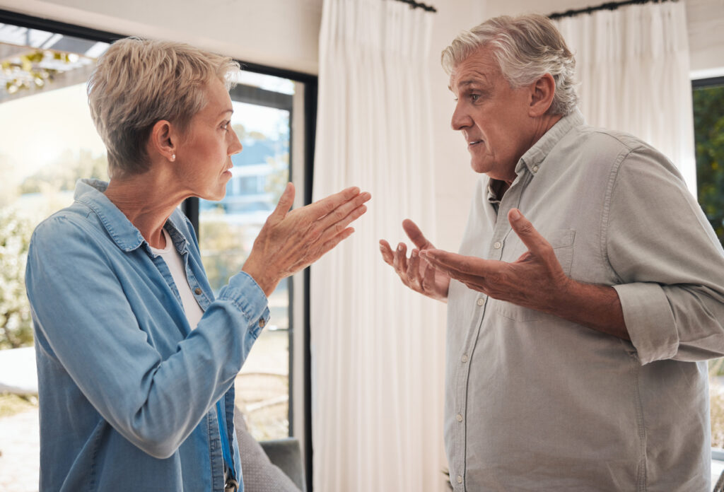 Indoor living room, tense discussion center frame, gesturing hands, daylight streaming in, editorial travel photo, two adults.