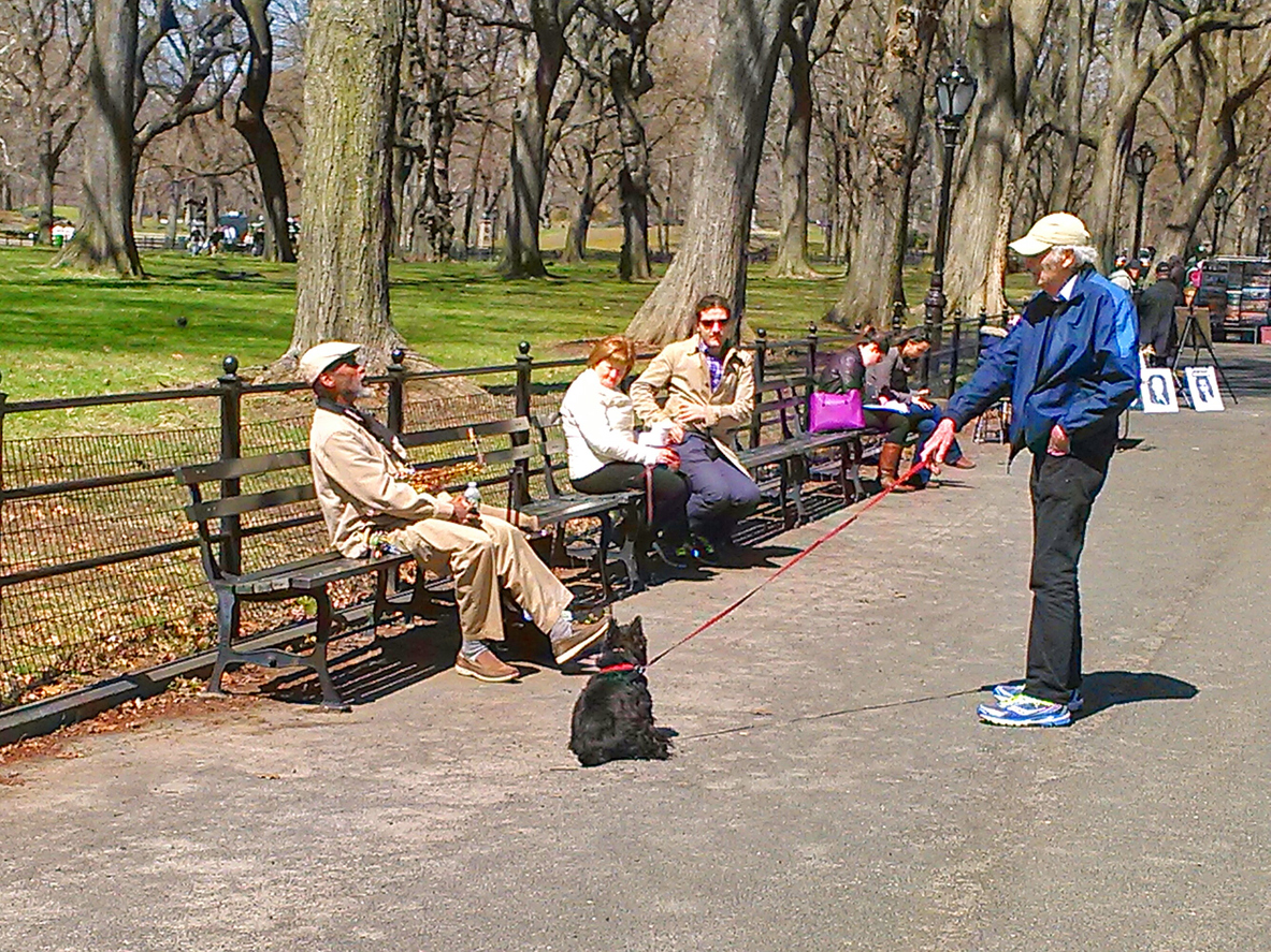 Urban park path, older man with small black dog foreground, benches receding, winter daylight, editorial travel photo, people present.
