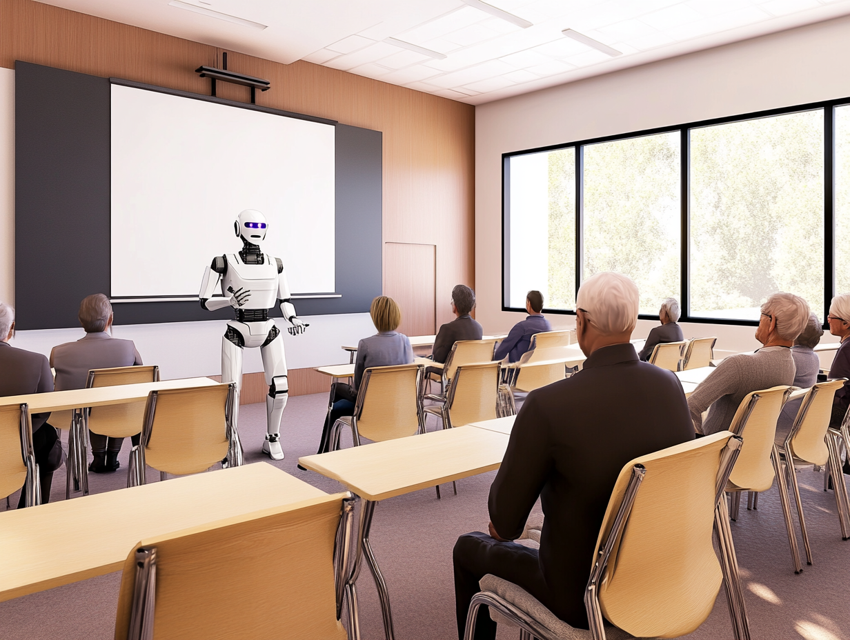 Classroom, humanoid robot presenting, adults in rows, bright sunlight right side, editorial travel photo, people present.
