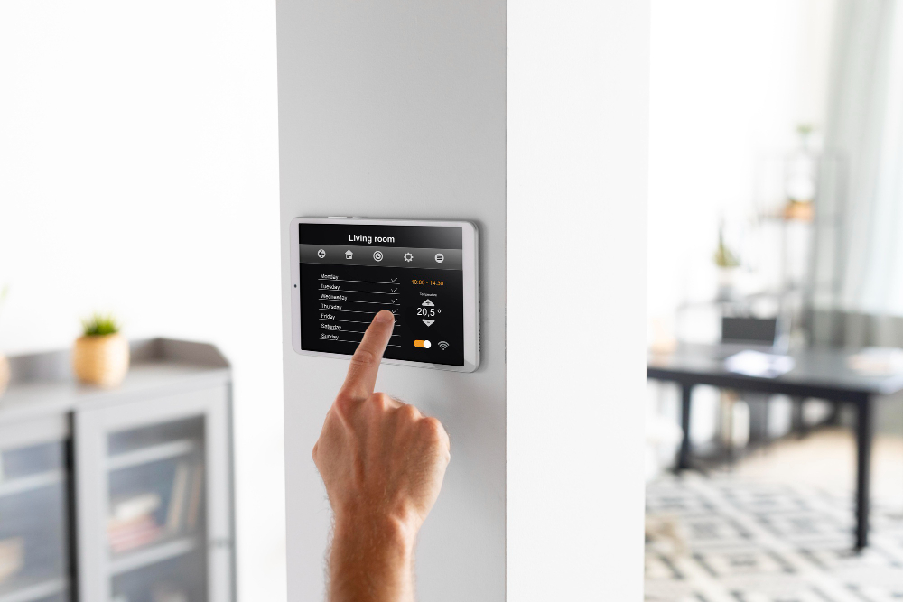 Modern living room, smart home control panel, foreground hand adjusting, daylight, documentary style photo, no people.