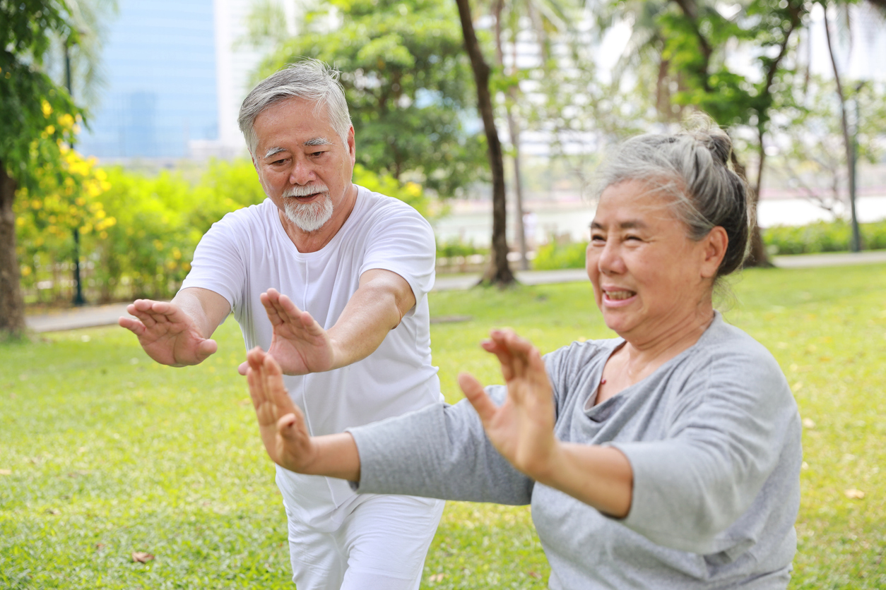 Sunny park, tai chi session, two older adults centered, daylight glow, documentary style, people present.